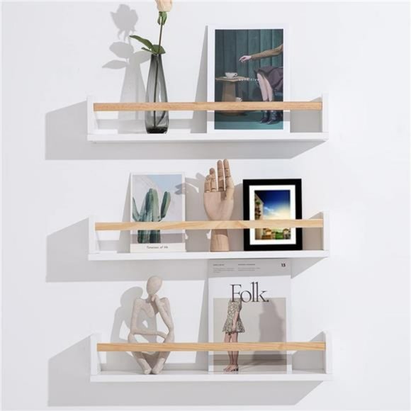 White Nursery Book Shelves Set of 3 Naturel Wood Bookshelf Wall Floating - Picture 1 of 6